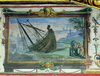 Une vis sans fin qui a permis à Archimède (c.287-12 av. J.-C.) de tirer un navire à terre, Stanza della Mattematica, 1587-1609